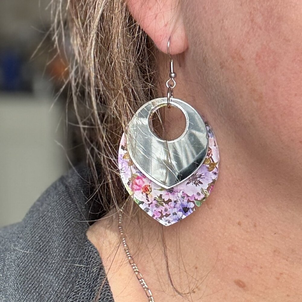 Layered Floral Acrylic Earrings – Mirrored Top Dangle Earrings – Statement